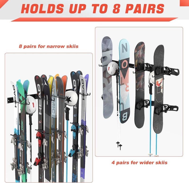 WALMANN Garage Ski Rack, Indoor Ski Hangers for Garage Ski Storage Wall Mounted Ski Holder Holds Up to 8 Pairs of Skis - Image 4
